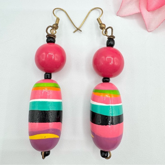Vintage Jewelry - Vintage Hand Painted Bright Multicolor Wood Bead Dangle Earrings Whimsical Fun